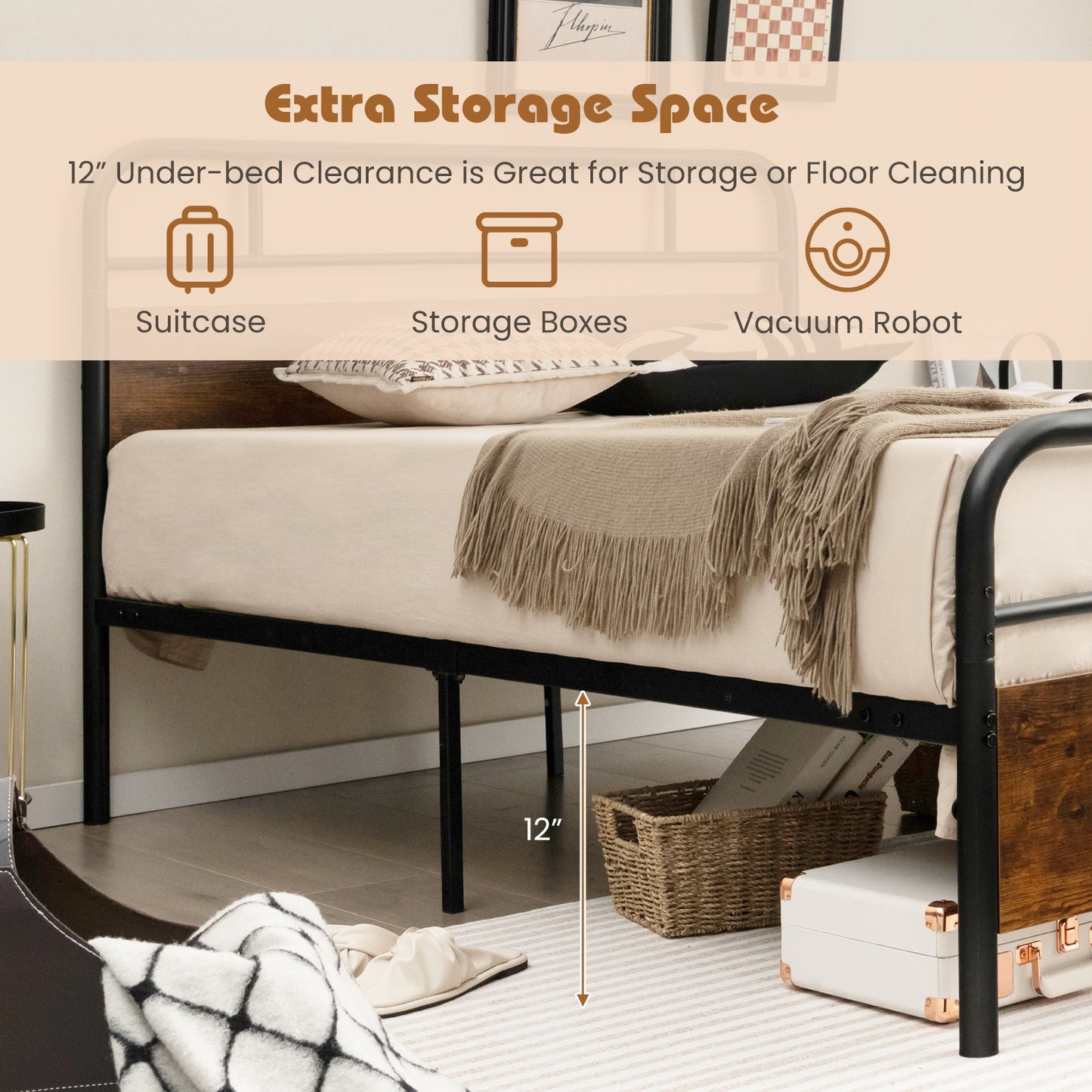 Twin/Full/Queen Size Bed Frame with Industrial Headboard-Twin Size, Black Simple Bed Frame at Gallery Canada