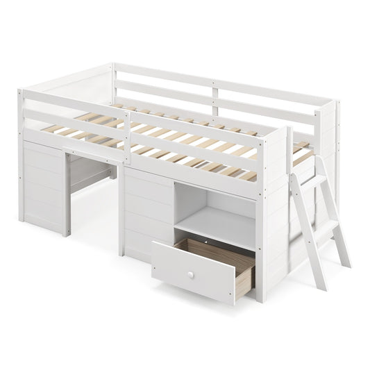 Twin Size Solid Wood Low Loft Bed with Storage and Drawer, White