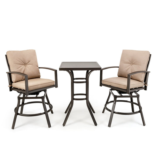 3 Pieces Patio Swivel Bar Table Set with Removable Cushions and Rustproof Metal Frame, Beige