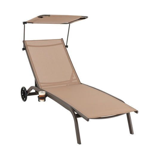 Patio Heavy-Duty Adjustable Chaise Lounge Chair with Canopy Cup holder and Wheels, Brown at Gallery Canada
