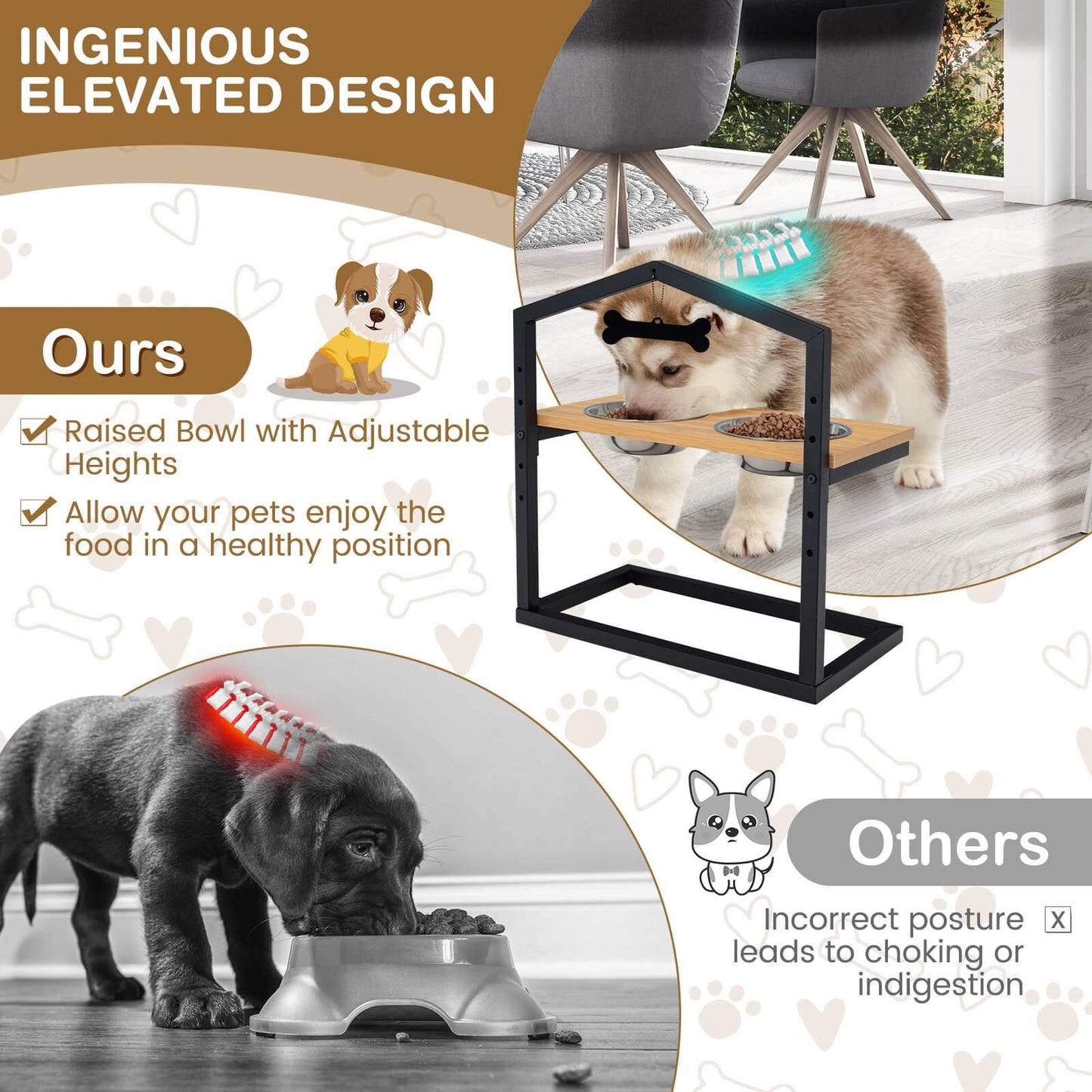 5 Heights Elevated Pet Feeder with 2 Detachable Stainless Steel Bowl, Natural
