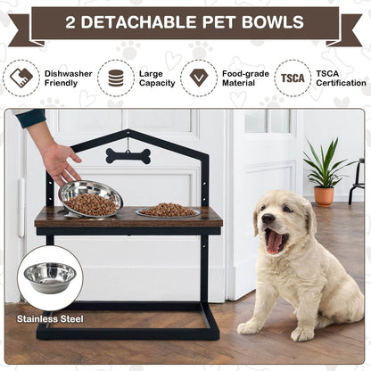5 Heights Elevated Pet Feeder with 2 Detachable Stainless Steel Bowl, Brown