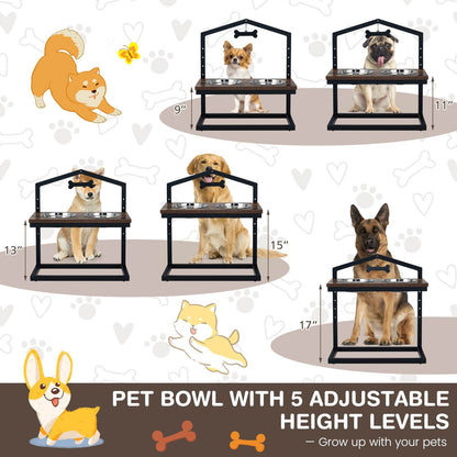 5 Heights Elevated Pet Feeder with 2 Detachable Stainless Steel Bowl, Brown