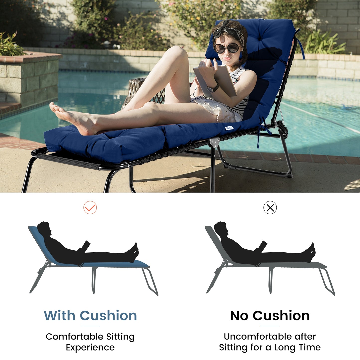Outdoor Lounge Chaise Cushion, With String Ties, Navy Outdoor Chaise Lounges at Gallery Canada
