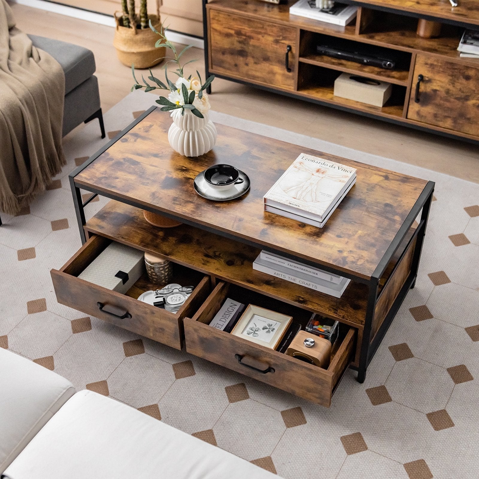Coffee Table with 2 Drawers and Open Shelf for Living Room, Rustic Brown at Gallery Canada