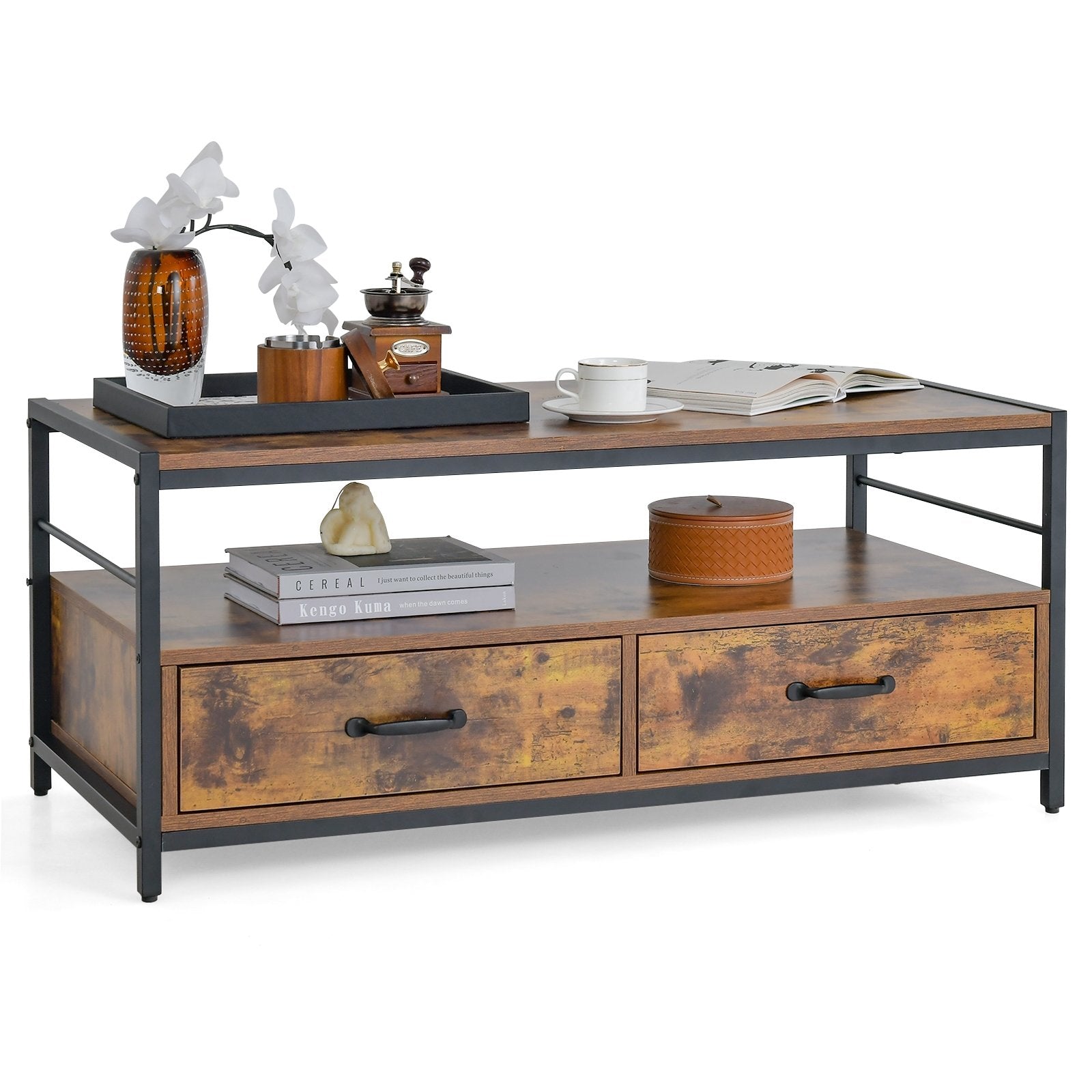 Coffee Table with 2 Drawers and Open Shelf for Living Room, Rustic Brown at Gallery Canada