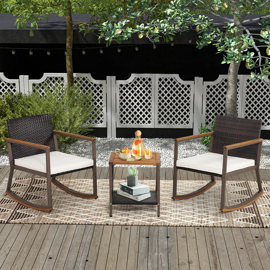 Rattan Rocking Bistro Set, 3 Pieces, Coffee Table, Cushions, Off White Patio Conversation Sets Off White at Gallery Canada