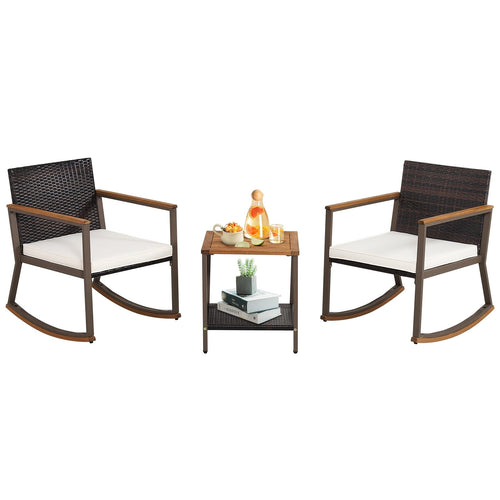 3 Pieces Rattan Rocking Bistro Set with Coffee Table and Cushions, Off White