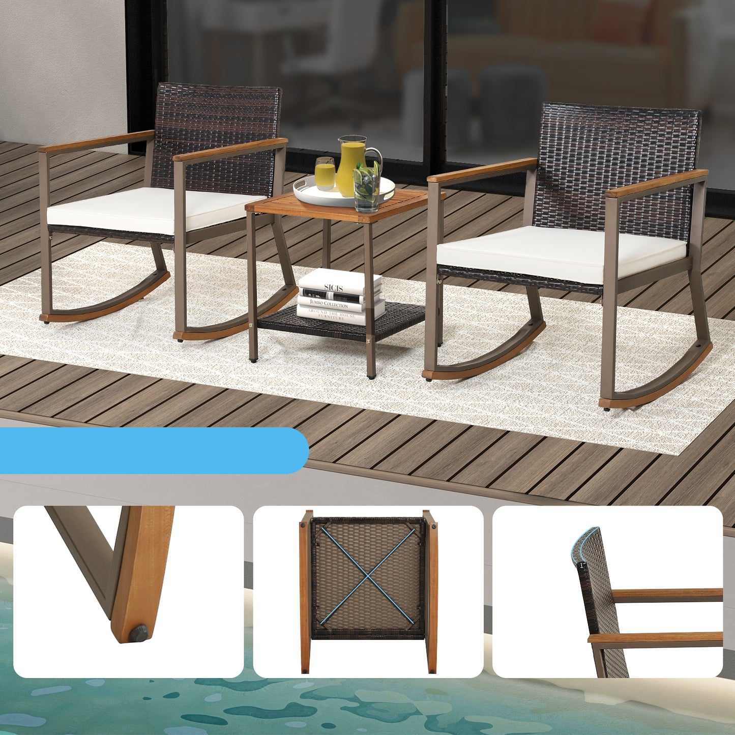 Rattan Rocking Bistro Set, 3 Pieces, Coffee Table, Cushions, Off White Patio Conversation Sets at Gallery Canada