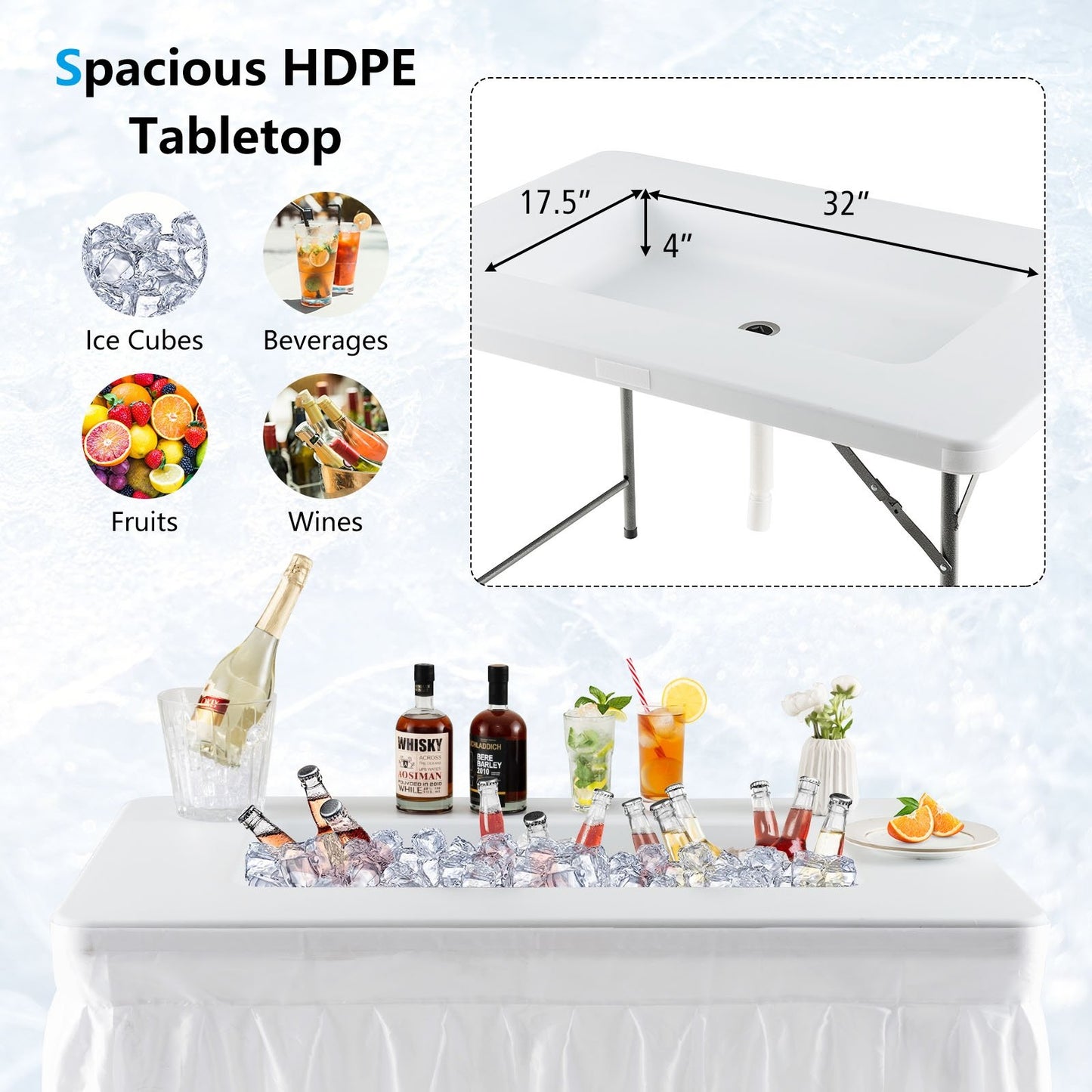 4 Feet Folding Ice Bin Table with Skirt for Camping Picnic Wedding, White