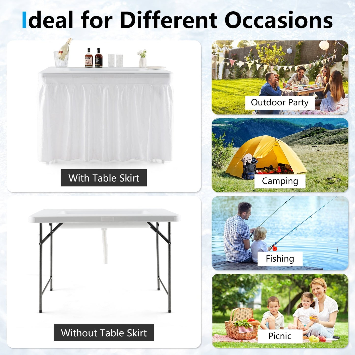 4 Feet Folding Ice Bin Table with Skirt for Camping Picnic Wedding, White