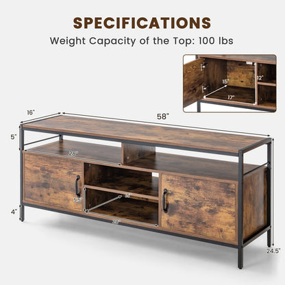 58 Inch Industrial TV Stand with Cabinets and Adjustable Shelf for TVs up to 65 Inch-Rustic Brwon, Rustic Brown