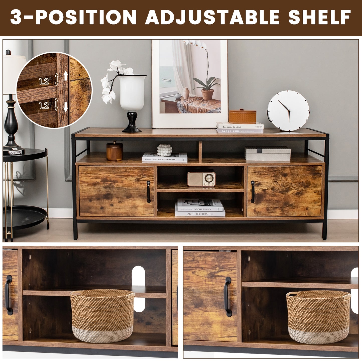 58 Inch Industrial TV Stand with Cabinets and Adjustable Shelf for TVs up to 65 Inch-Rustic Brwon, Rustic Brown Entertainment Centers & TV Stands at Gallery Canada