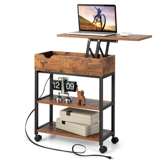Lift Top End Table with Charging Station and Universal Wheels, Rustic Brown