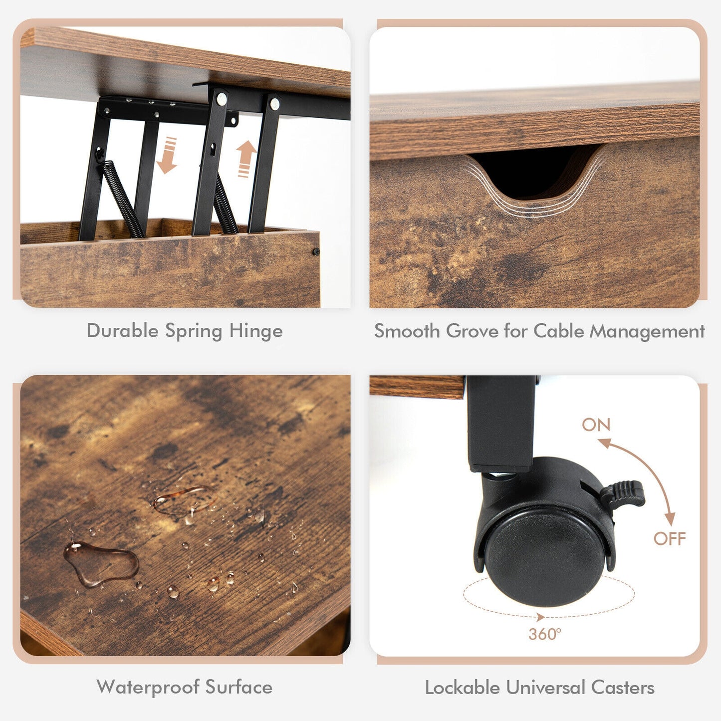 Lift Top End Table, Charging Station, Universal Wheels, Rustic Brown End & Side Tables at Gallery Canada