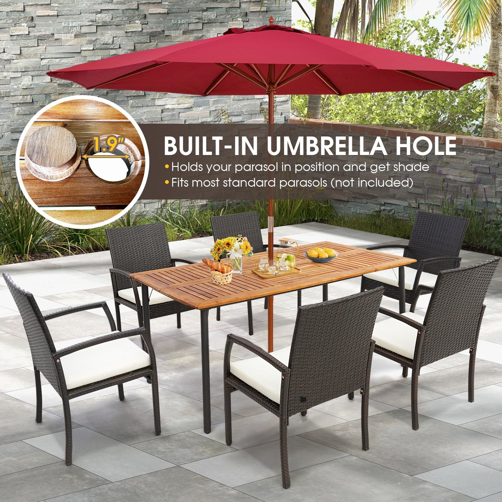 Patio Acacia Wood Dining Table with Umbrella Hole and Metal Legs, Natural at Gallery Canada