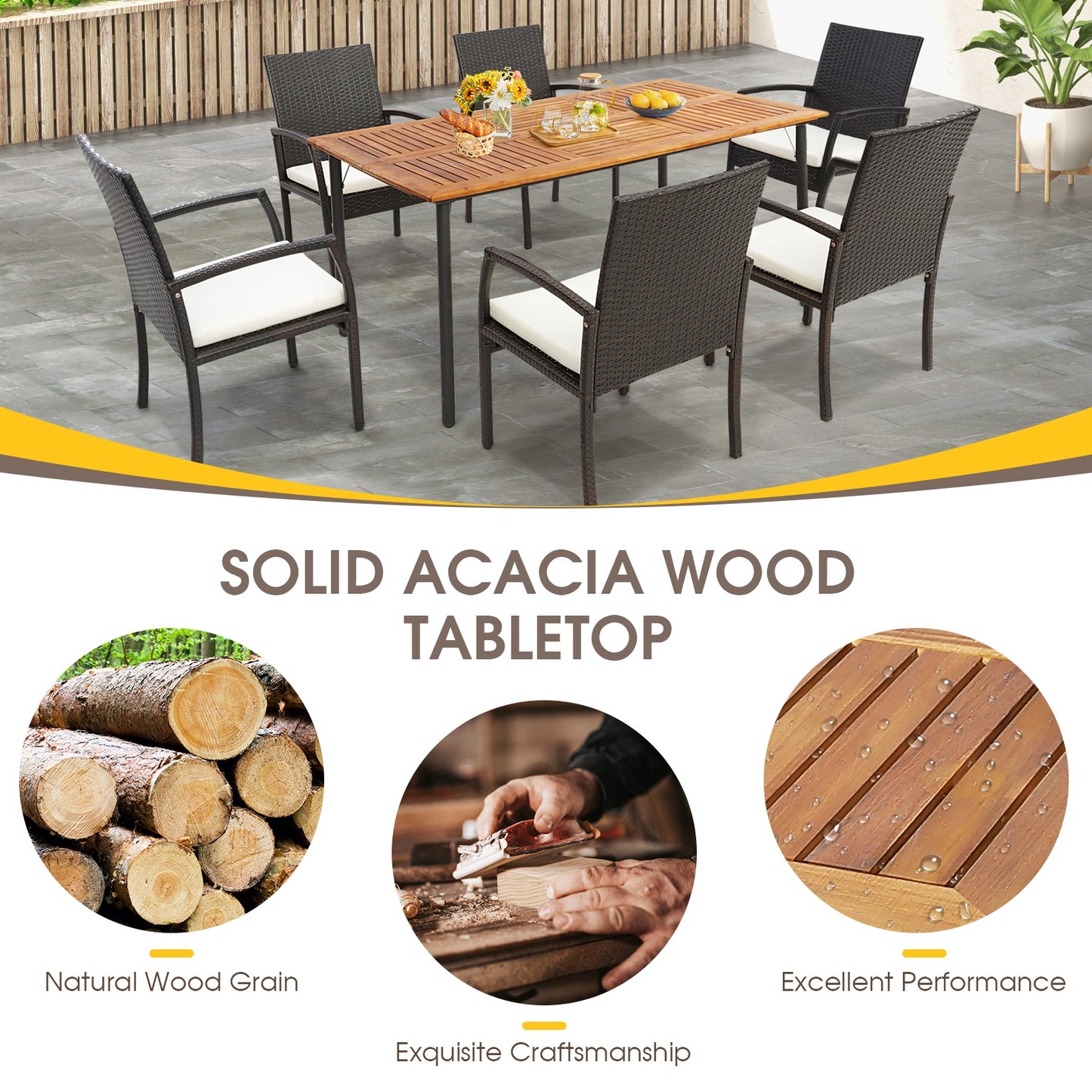 Patio Acacia Wood Dining Table with Umbrella Hole and Metal Legs, Natural Patio Dining Tables at Gallery Canada