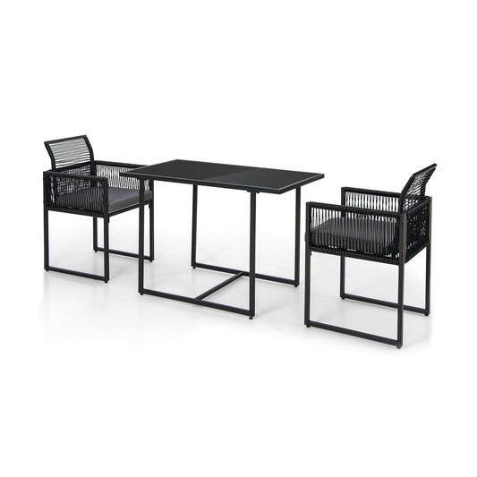 3 Pieces Outdoor Dining Set with Folding Backrest and Seat Cushions, Black