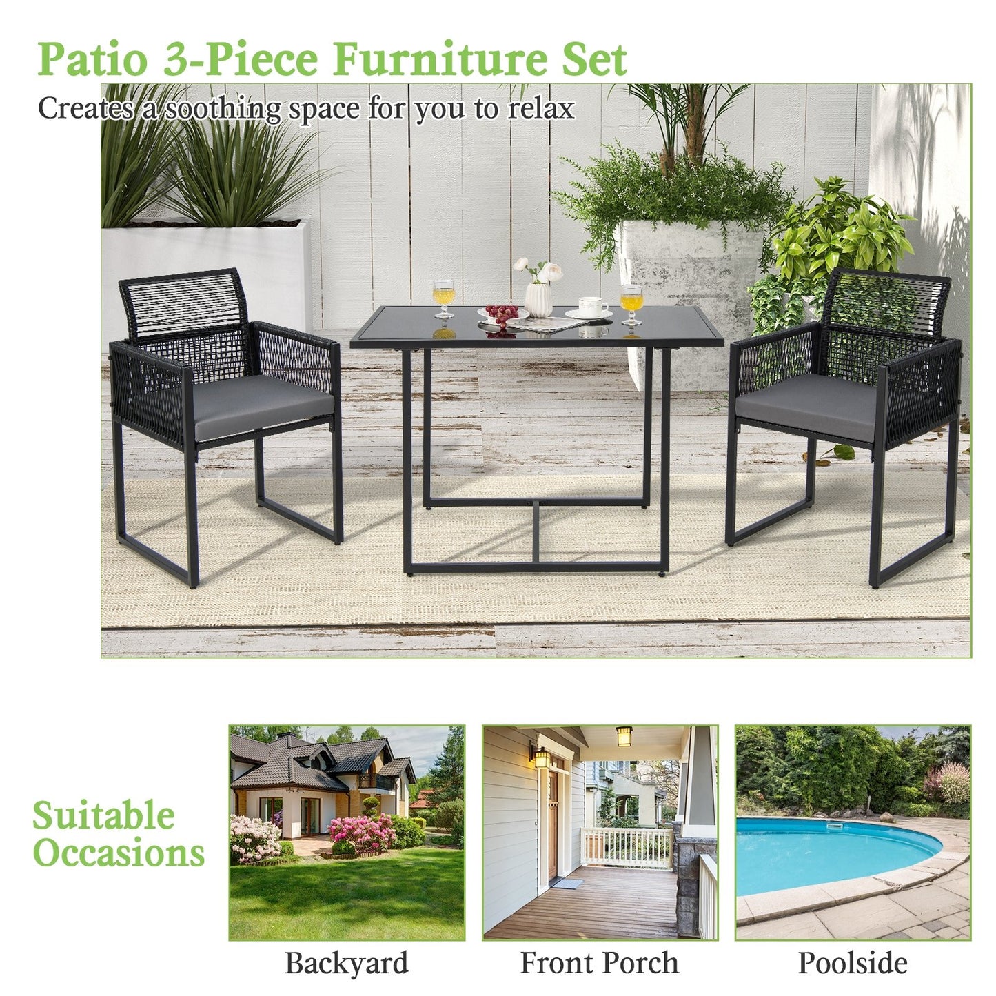 3 Pieces Outdoor Dining Set with Folding Backrest and Seat Cushions, Black at Gallery Canada
