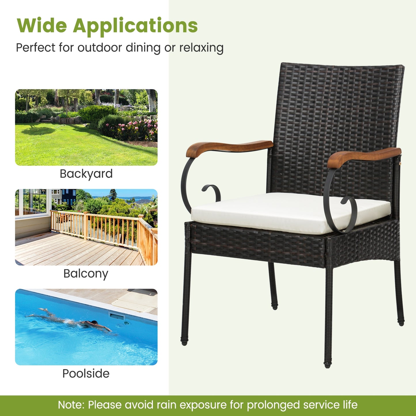 Set of 2 Outdoor PE Wicker Chair, Acacia Wood Armrests, Off White Patio Dining Chairs at Gallery Canada