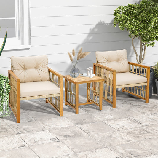 3-Piece Patio PE Wicker Conversation Set, Acacia Wood Frame, Cushions, Beige Patio Conversation Sets Beige at Gallery Canada