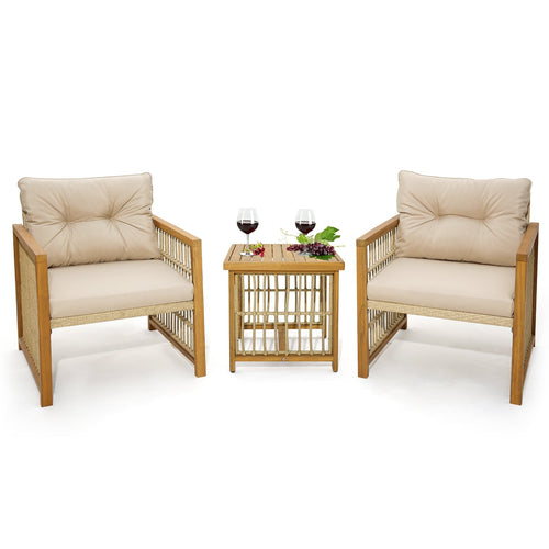 3 Pieces Patio PE Wicker Conversation Set with Acacia Wood Frame and Cushions, Beige