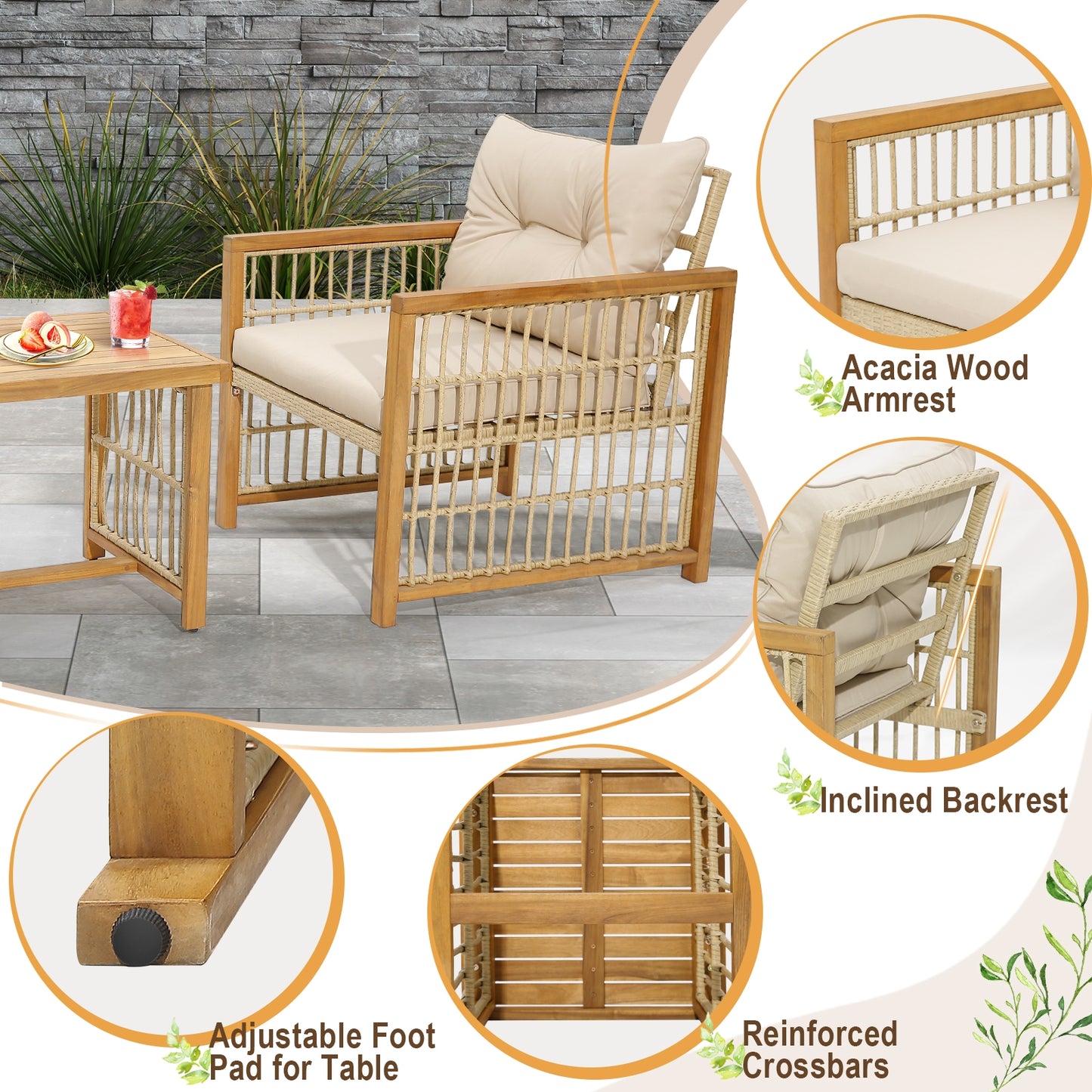 3-Piece Patio PE Wicker Conversation Set, Acacia Wood Frame, Cushions, Beige Patio Conversation Sets at Gallery Canada