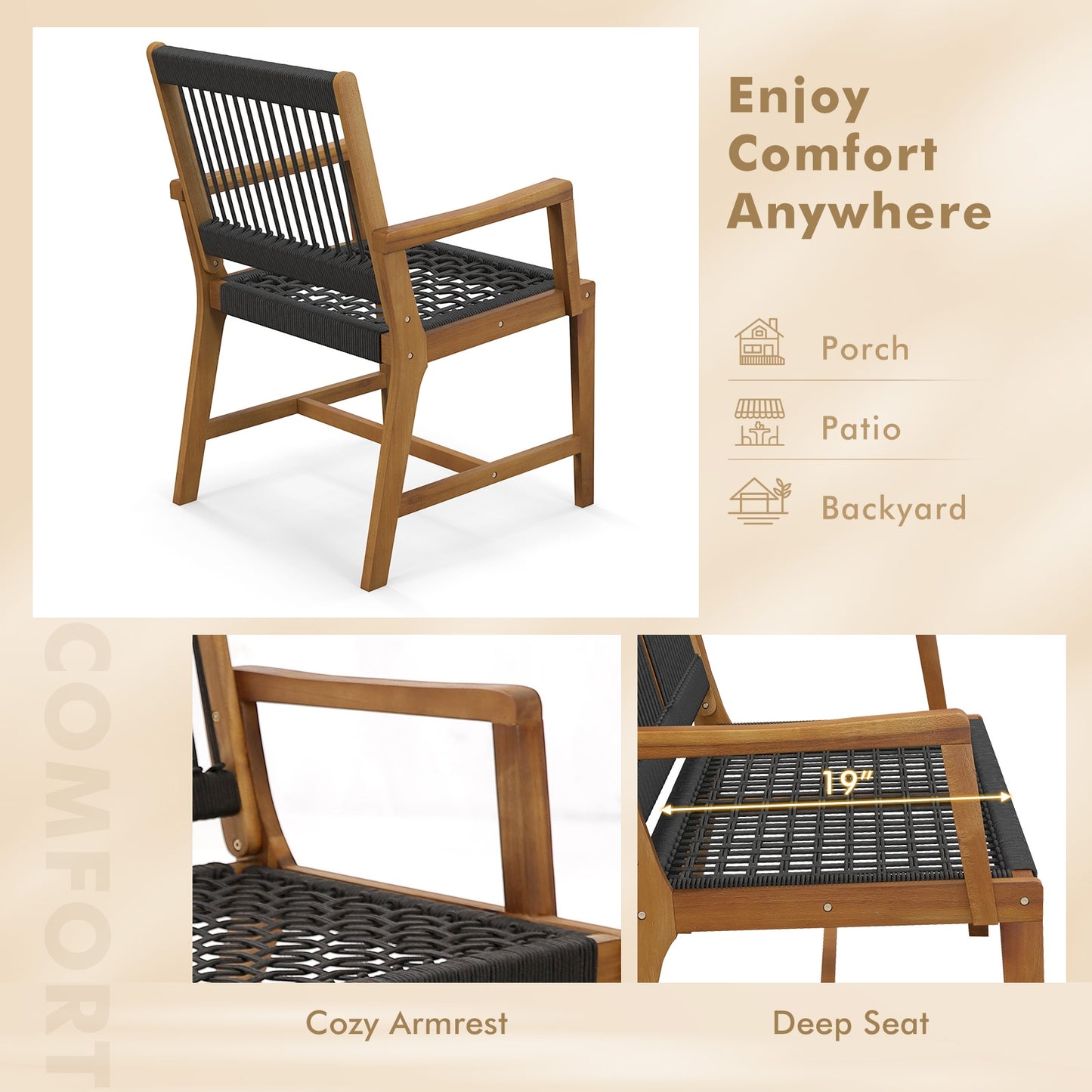 Set Of 2 Patio Acacia Wood Dining Chairs With Armrests, Black Patio Dining Chairs at Gallery Canada