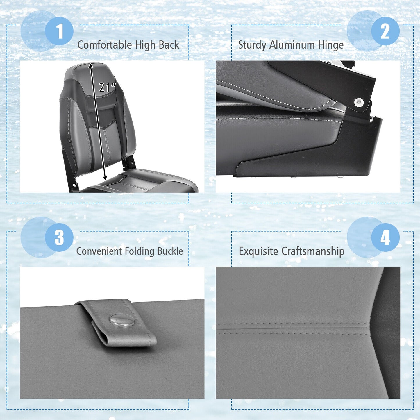 High Back Folding Boat Seats, Grey Cushion, Flexible Hinges, Set of 2, Black Water Sports at Gallery Canada