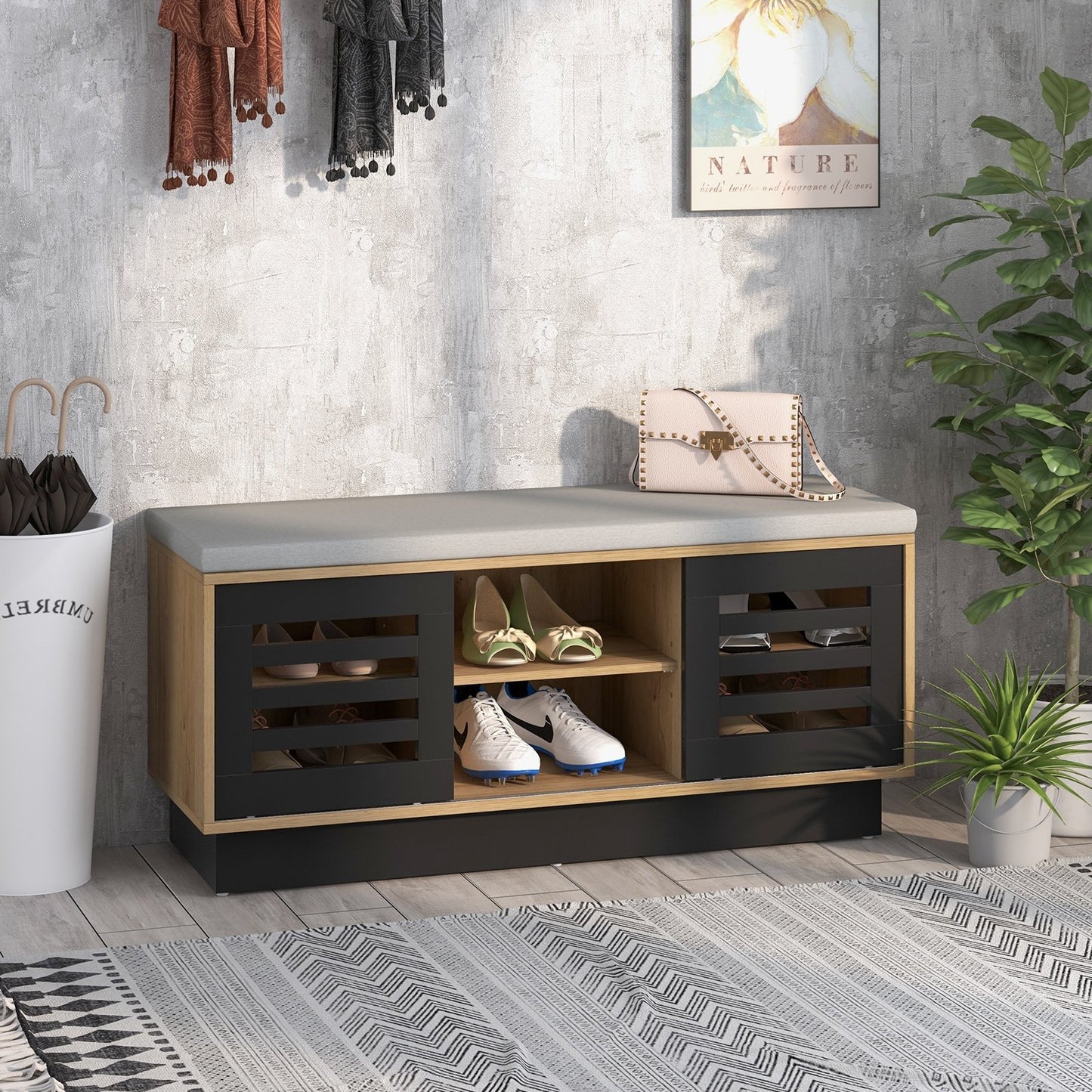 Shoe Bench with 6 Storage Compartments and 3 Adjustable Shelves, Natural