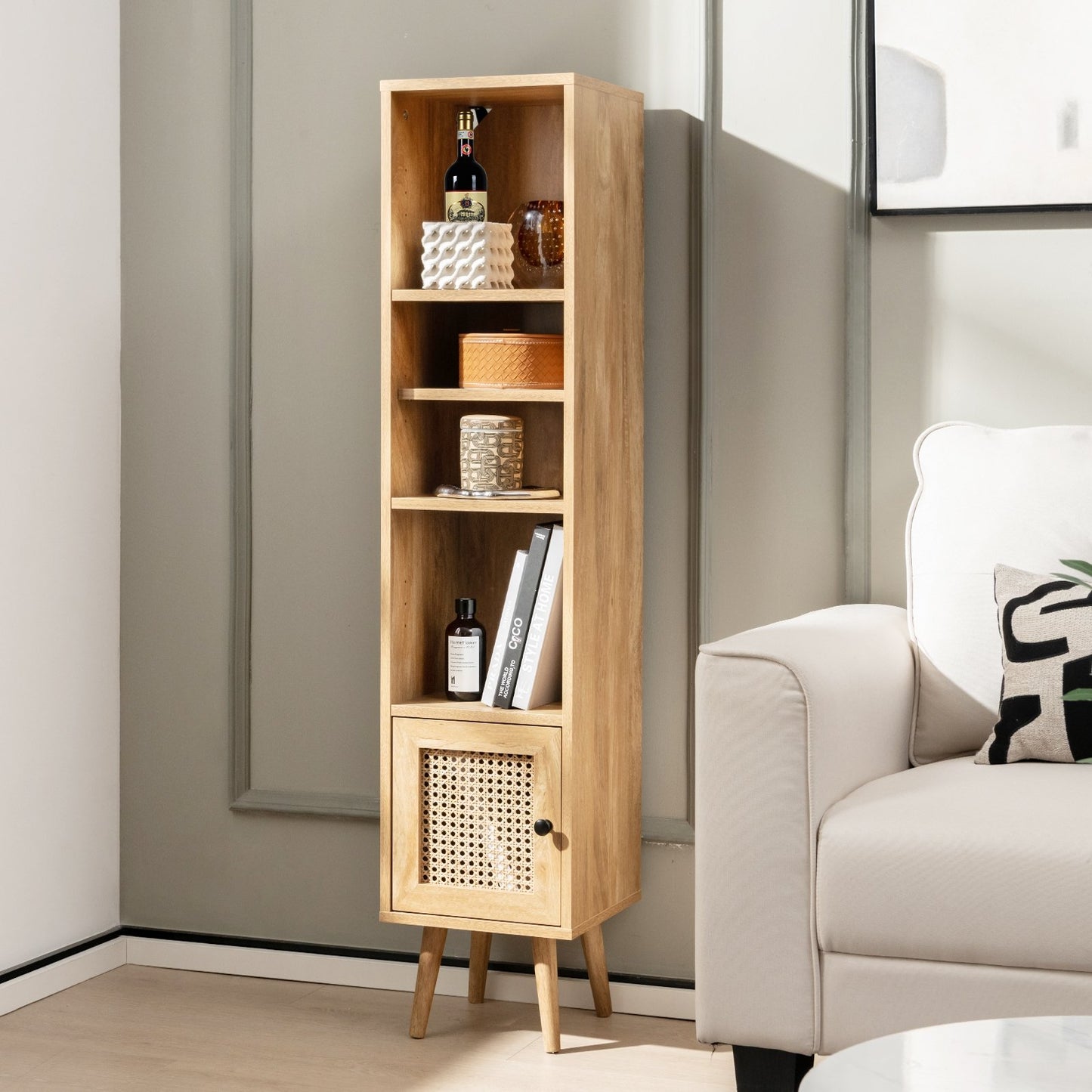 4 Tiers Rattan Storage Cabinet with Slim Design, Natural at Gallery Canada