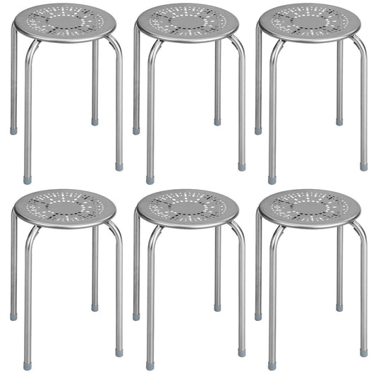 6-Pack Stackable Multifunctional Daisy Design Backless Round Metal Stool Set-Grey, Gray