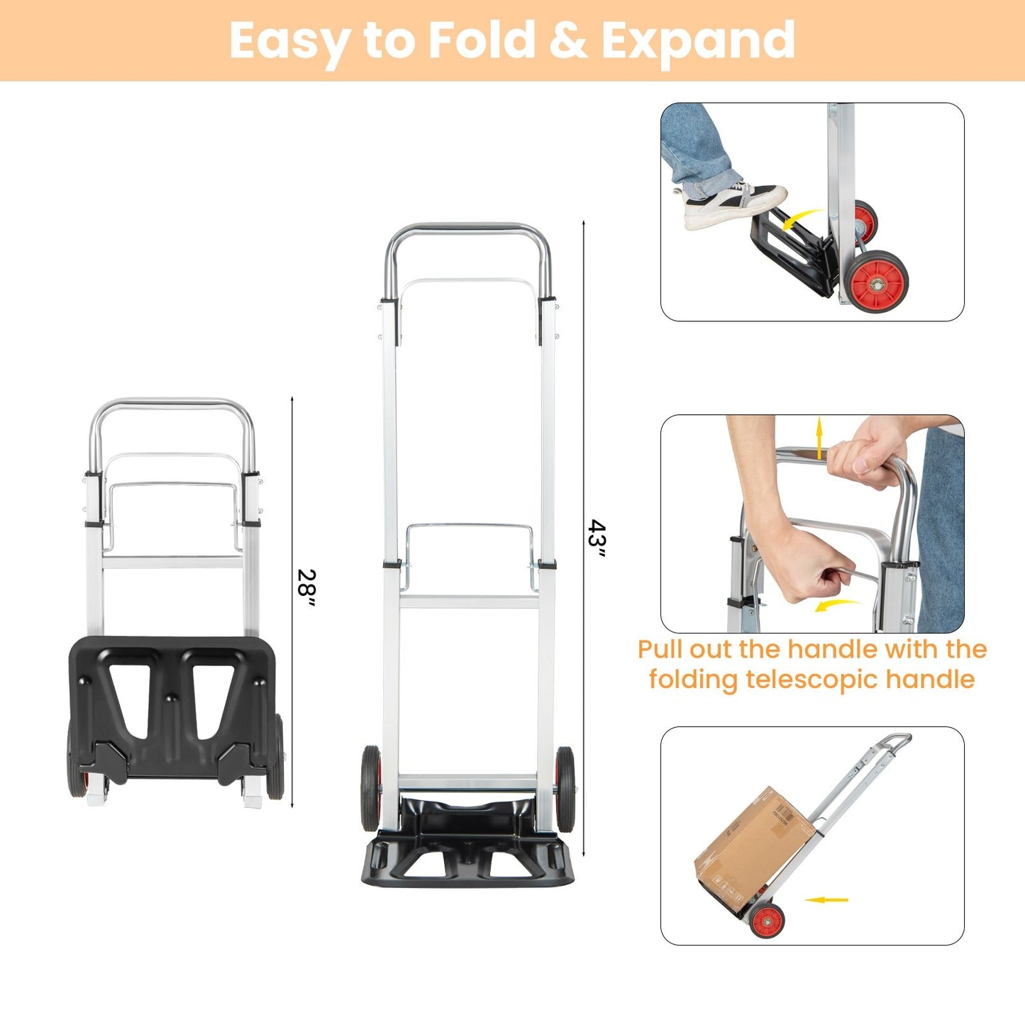 Portable Folding Hand Truck with Telescopic Handle and Wheels, Black at Gallery Canada