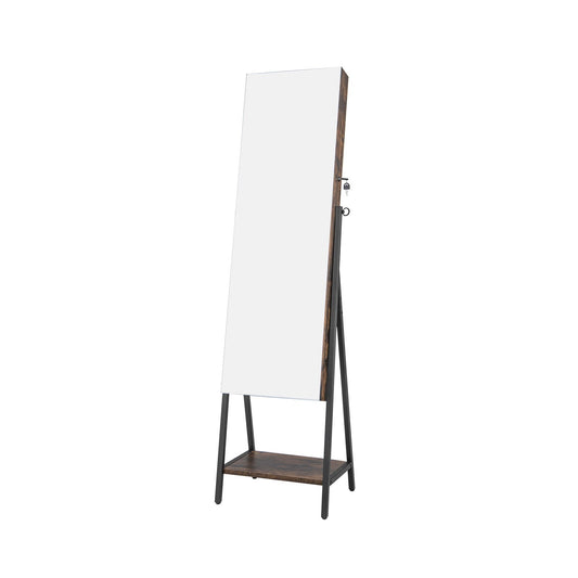 Freestanding Jewelry Cabinet with Full-Length Mirror, Rustic Brown