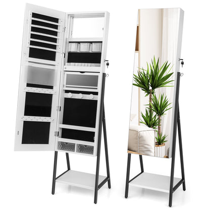 Freestanding Jewelry Cabinet with Full-Length Mirror, White