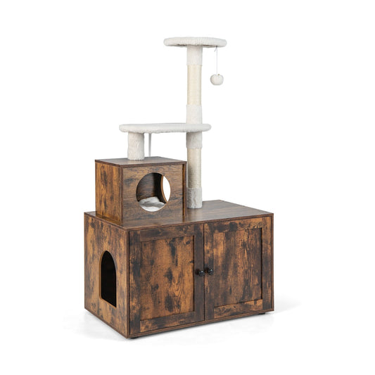 Cat Tree with Litter Box Enclosure with Cat Condo, Rustic Brown