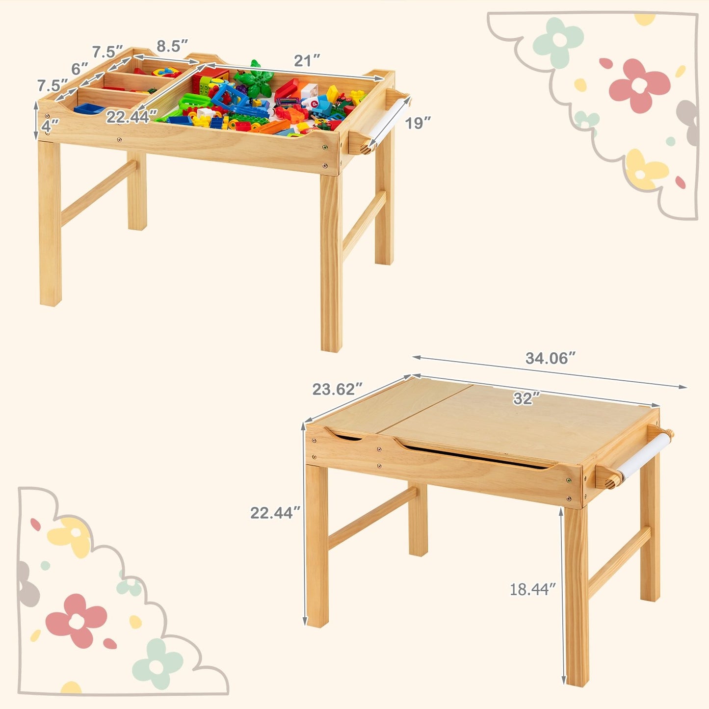 Kids Multi Activity Play Table Wooden Building Block Desk with Storage Paper Roll, Natural