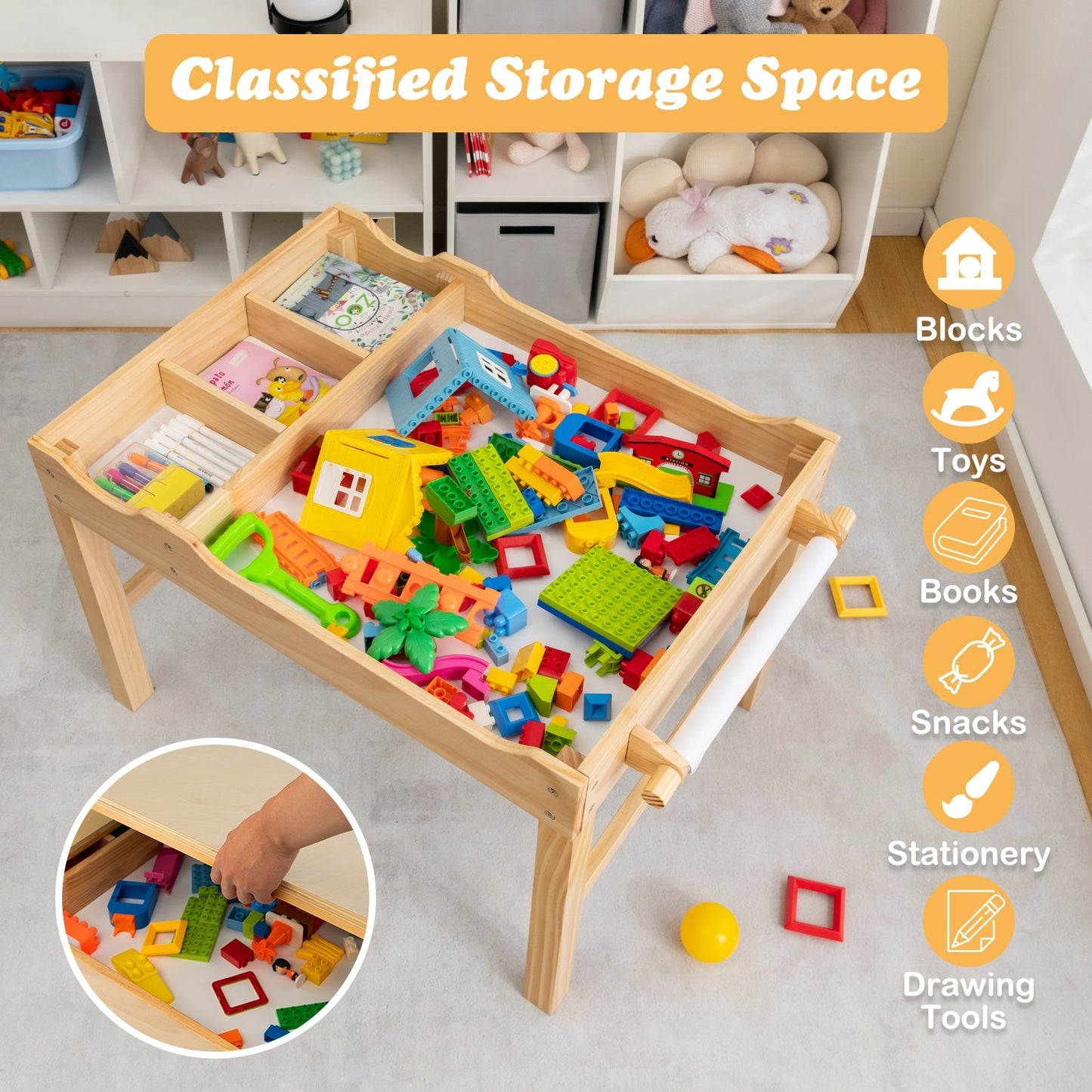 Kids Multi Activity Play Table Wooden Building Block Desk with Storage Paper Roll, Natural