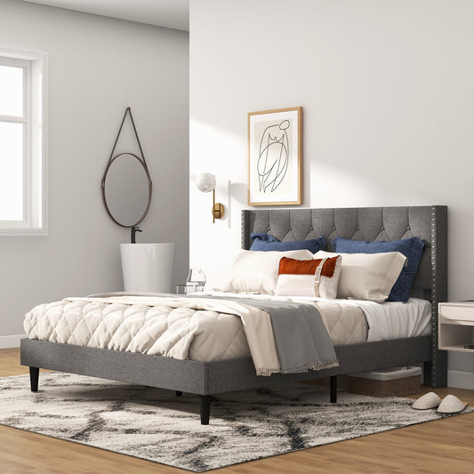 Queen Size Upholstered Platform Bed, Button Tufted Headboard, Gray Simple Bed Frame Gray at Gallery Canada