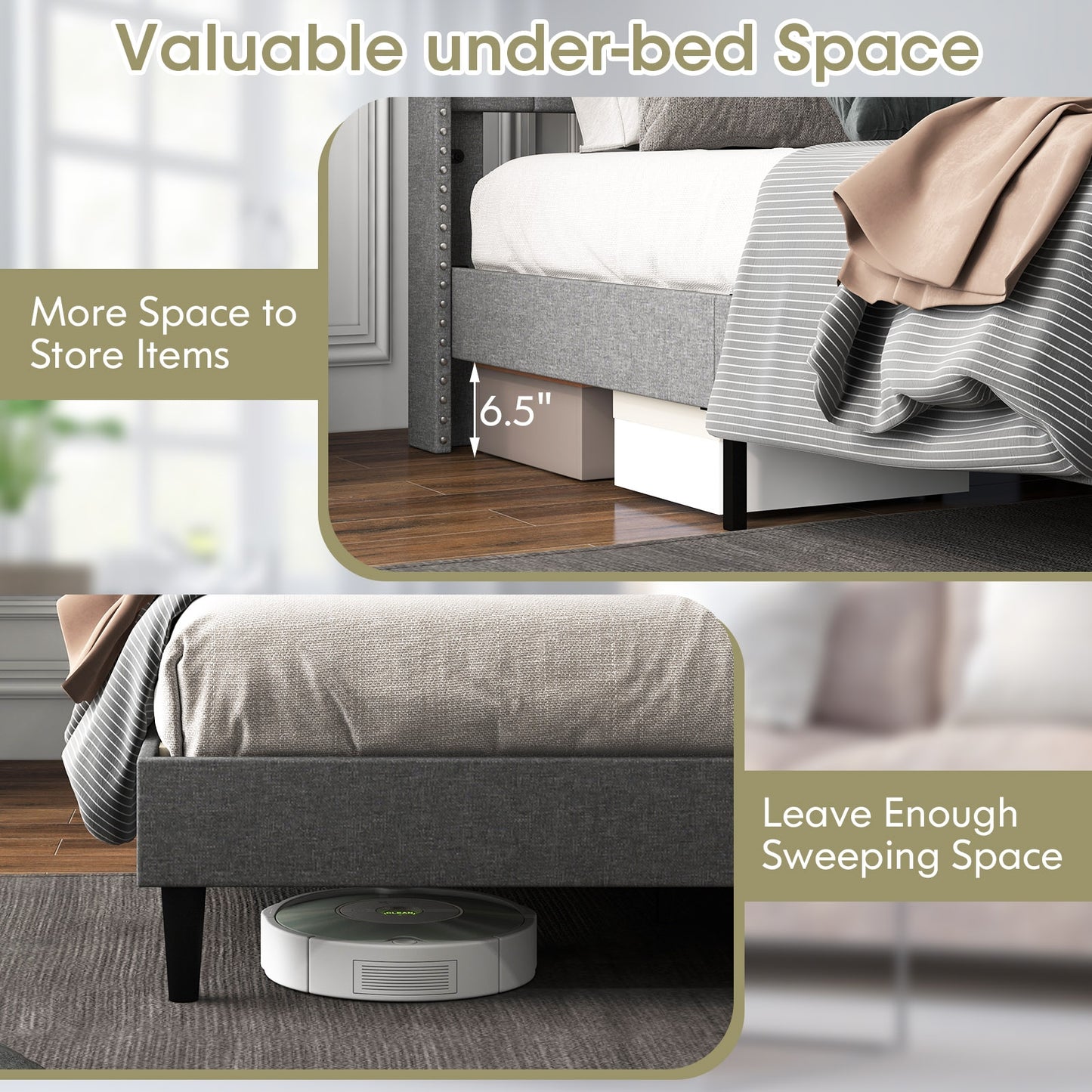 Queen Size Upholstered Platform Bed, Button Tufted Headboard, Gray Simple Bed Frame at Gallery Canada