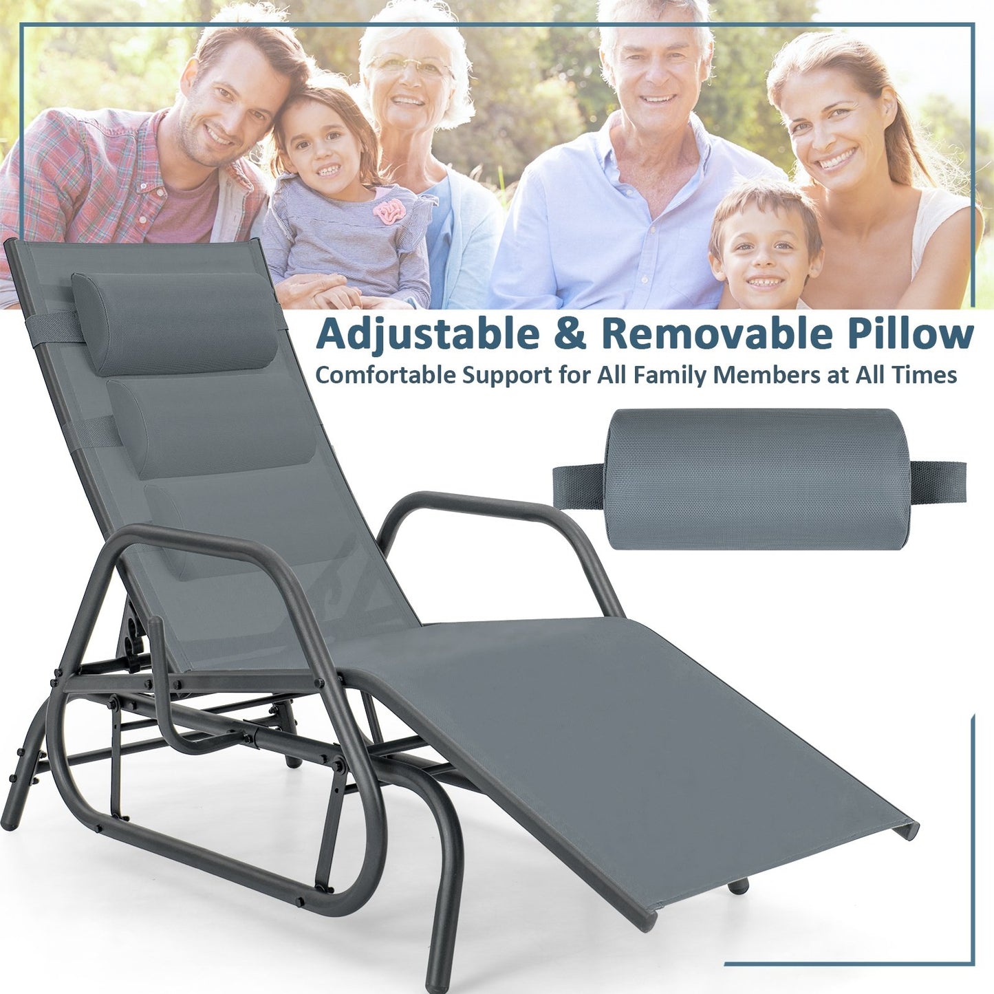 Outdoor Chaise Lounge Glider Chair with Armrests and Pillow, Gray at Gallery Canada