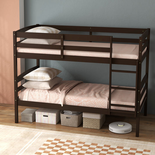 Solid Wood Twin Over Twin Bunk Bed, High Guardrails, Integrated Ladder, Espresso Bunk Bed Frame Espresso at Gallery Canada