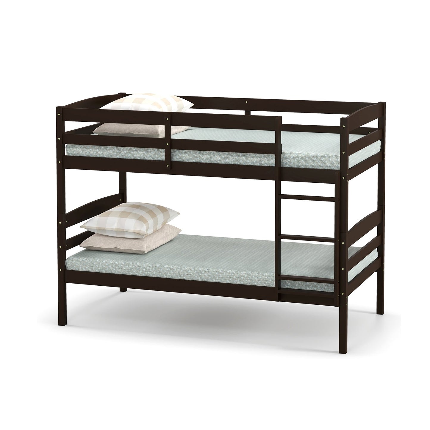 Solid Wood Twin Over Twin Bunk Bed Frame with High Guardrails and Integrated Ladder, Espresso