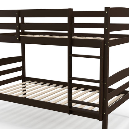 Solid Wood Twin Over Twin Bunk Bed Frame with High Guardrails and Integrated Ladder, Espresso