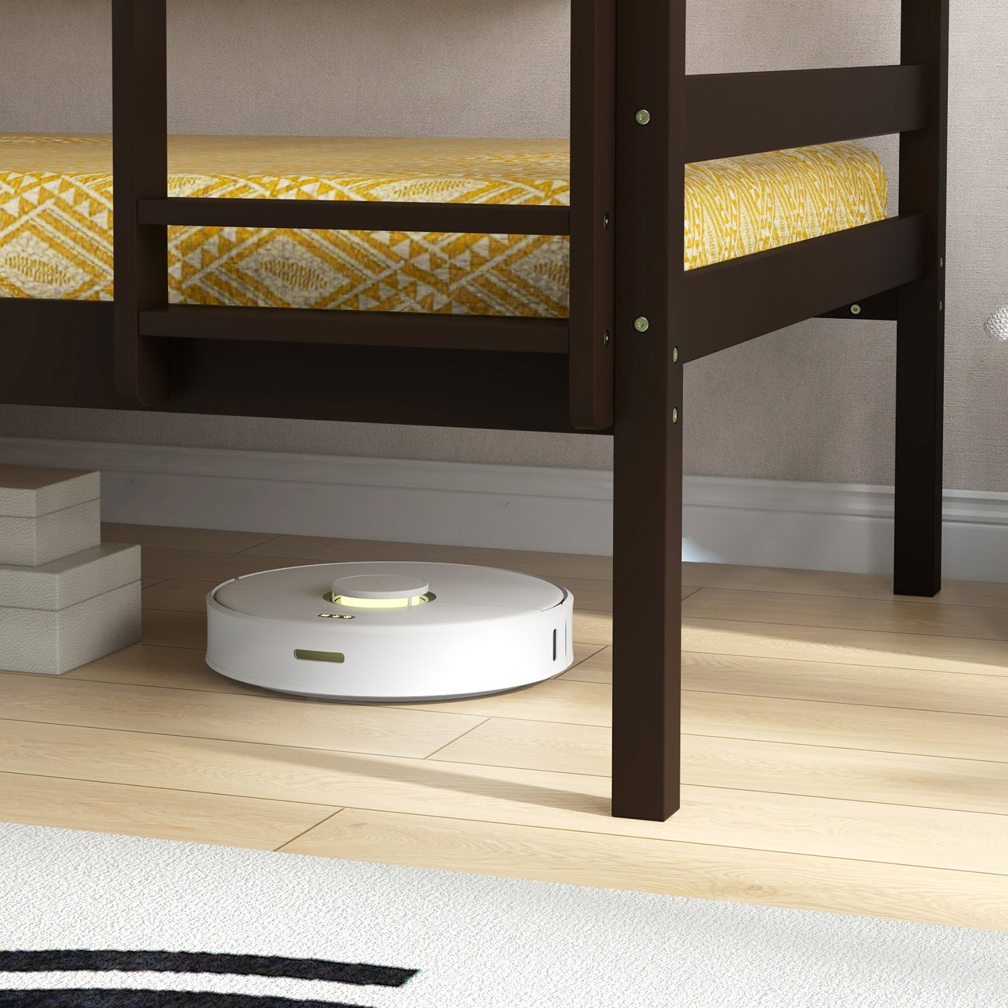 Solid Wood Twin Over Twin Bunk Bed Frame with High Guardrails and Integrated Ladder, Espresso Bunk Bed Frame at Gallery Canada