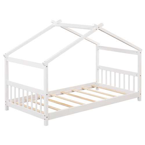 Twin Size Wooden House Bed with Roof, White