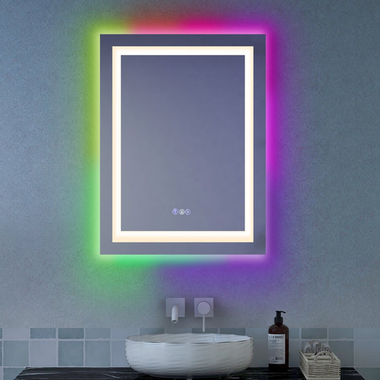32 Inch x 24 Inch Bathroom Anti-Fog Wall Mirror with Colorful Light, Silver