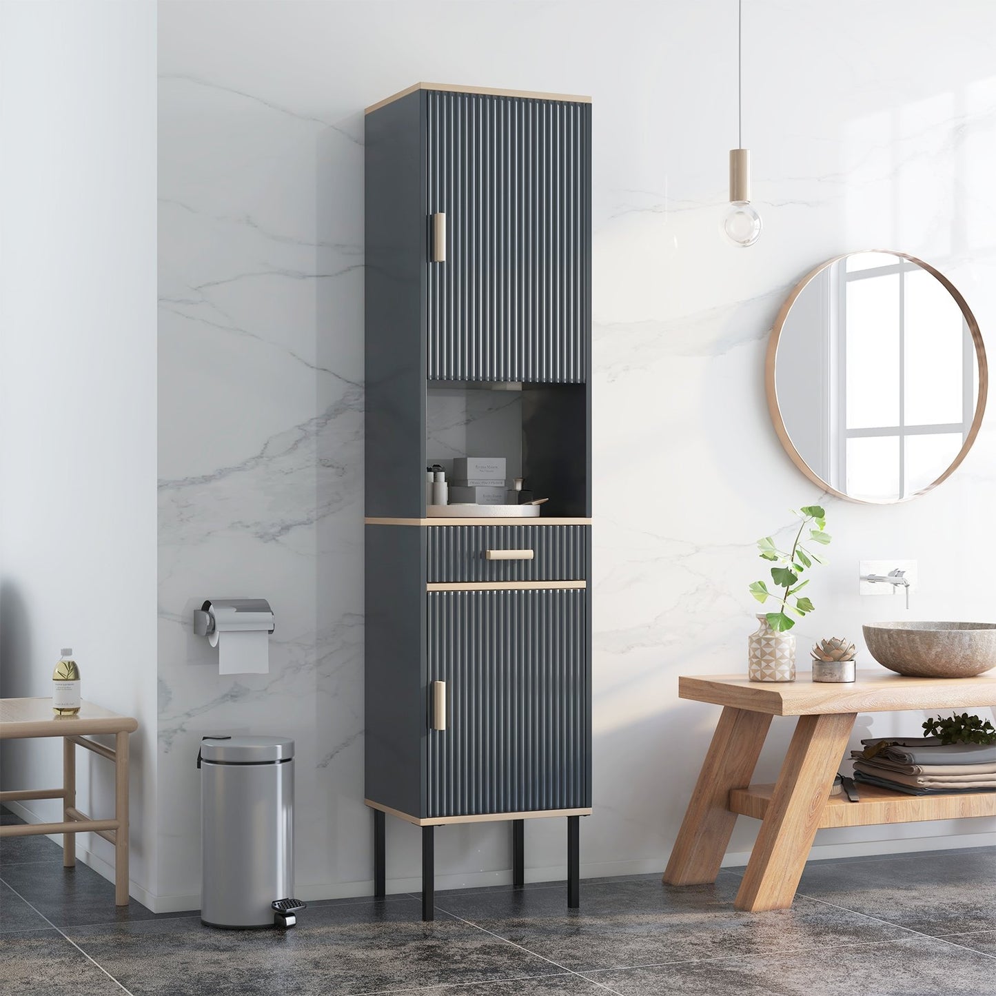 Free-Standing Bathroom Cabinet Narrow Linen with Doors and Drawer, Gray at Gallery Canada