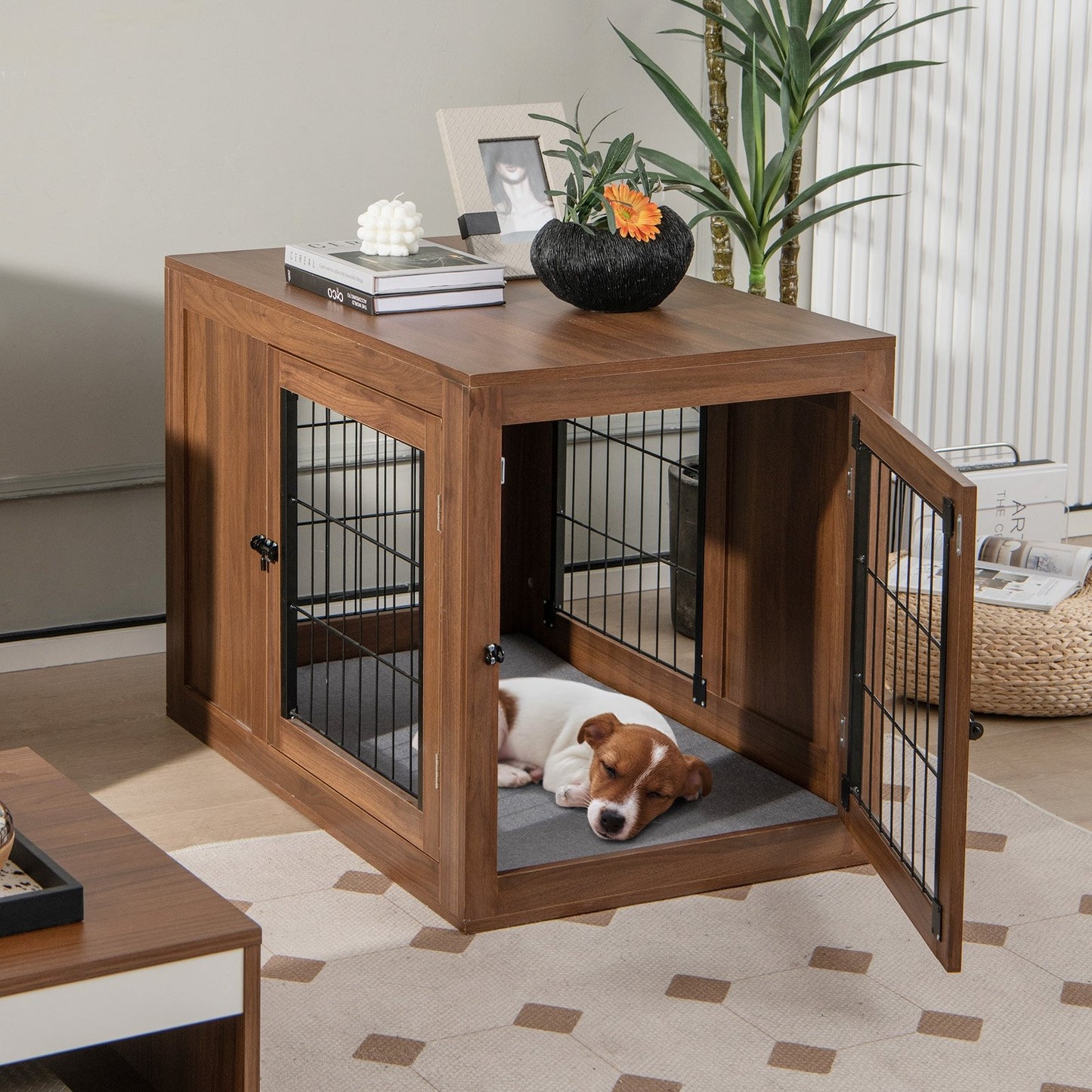 Furniture Dog Crate with Cushion and Double Doors, Walnut