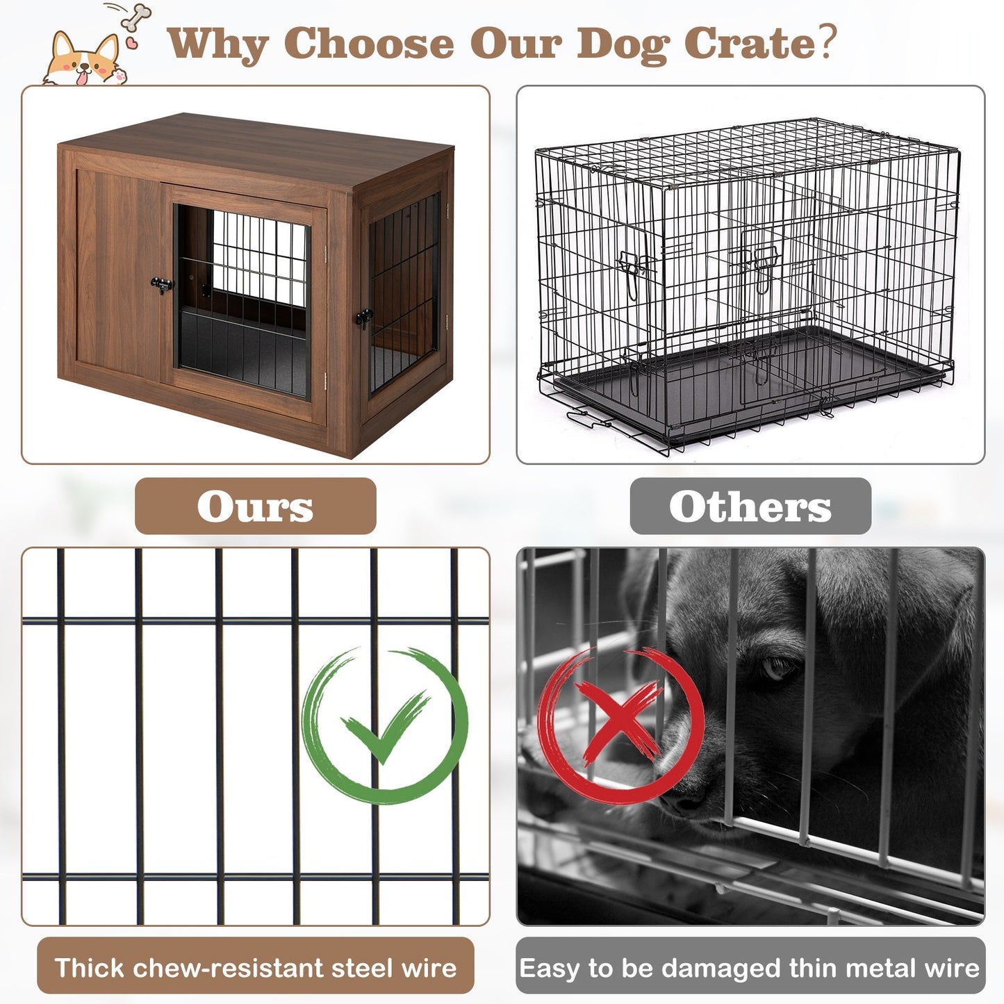 Furniture Dog Crate with Cushion and Double Doors, Walnut
